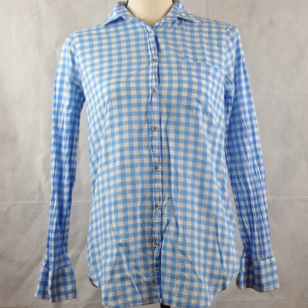 J Crew  Top Sz XS Blue White Checkered Long Sleeve